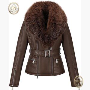 Faux Leather Jacket Moto Biker Sherpa-Lined Coat with Removable Fur Collar